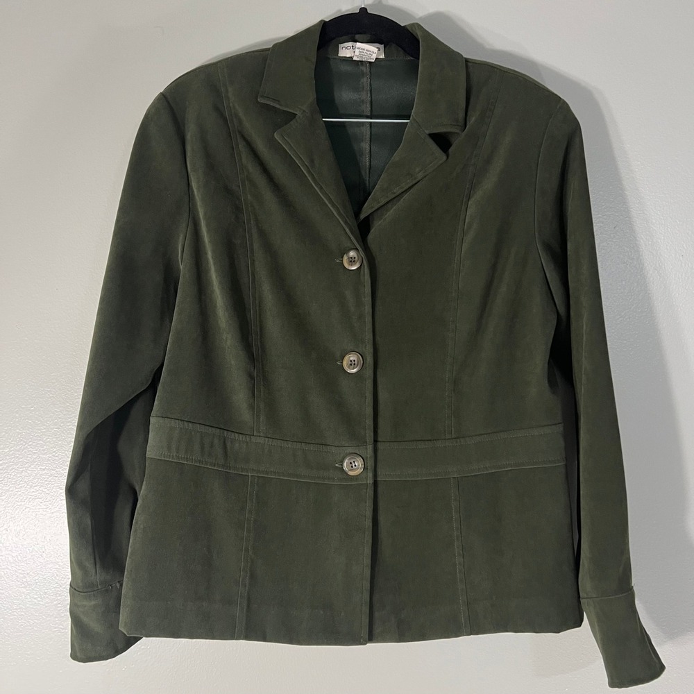 Notations Petite Forest Green Faux Suede Button Front Blazer Jacket PM earthy